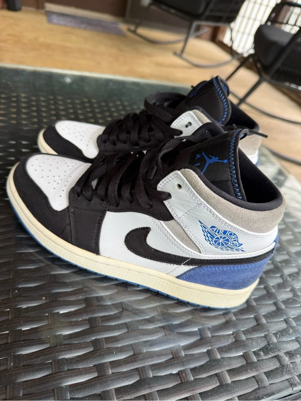 Air Jordan Men’s Mid-Top Sneakers in Black, White & Blue